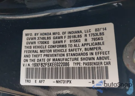 2014 Honda Civic Lx z USA, uszkodzony, nr VIN 19XFB2F5XEE022086